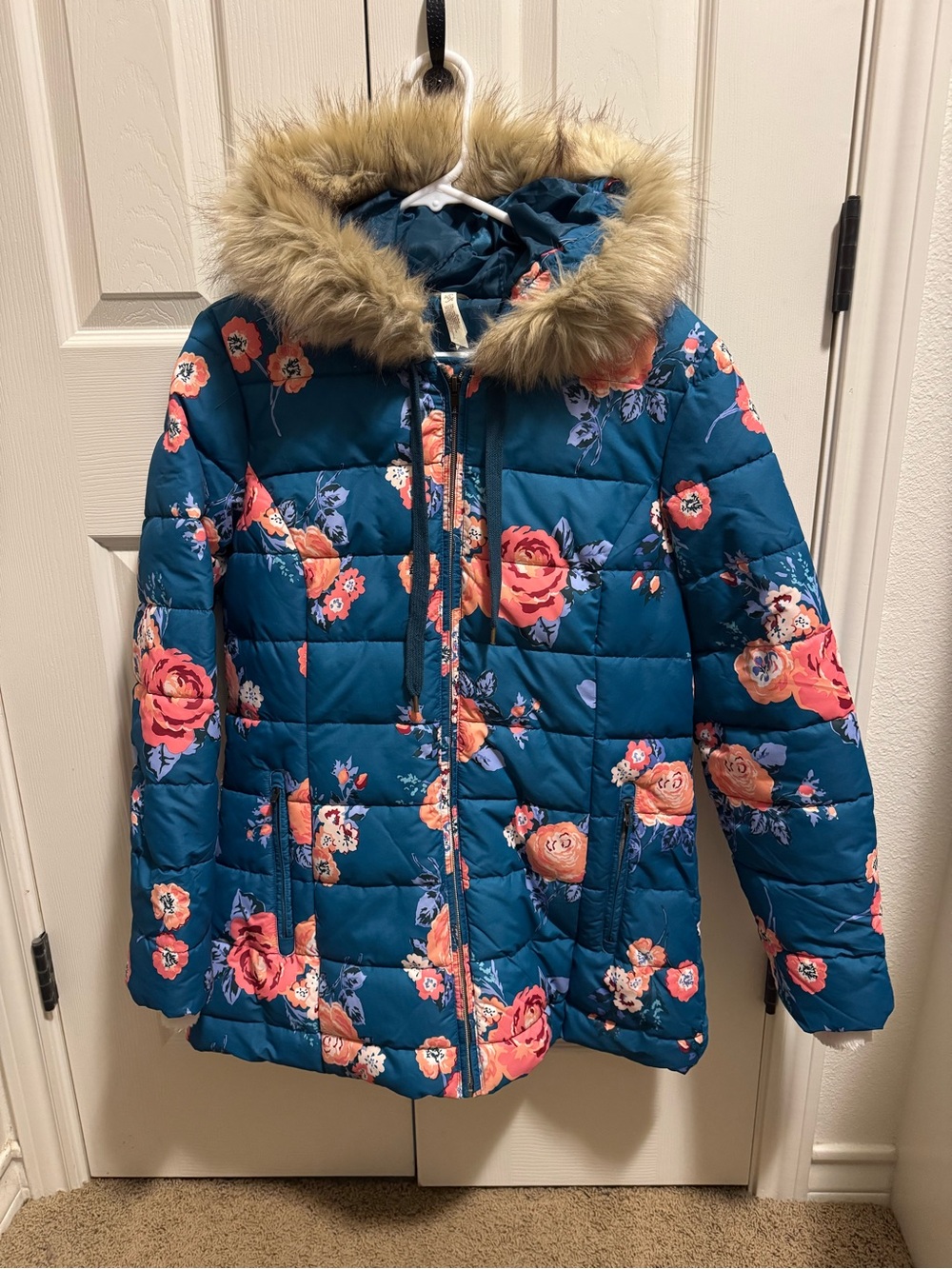 Matilda Jane Teal Floral Puffer Jacket with Faux Fur Hood